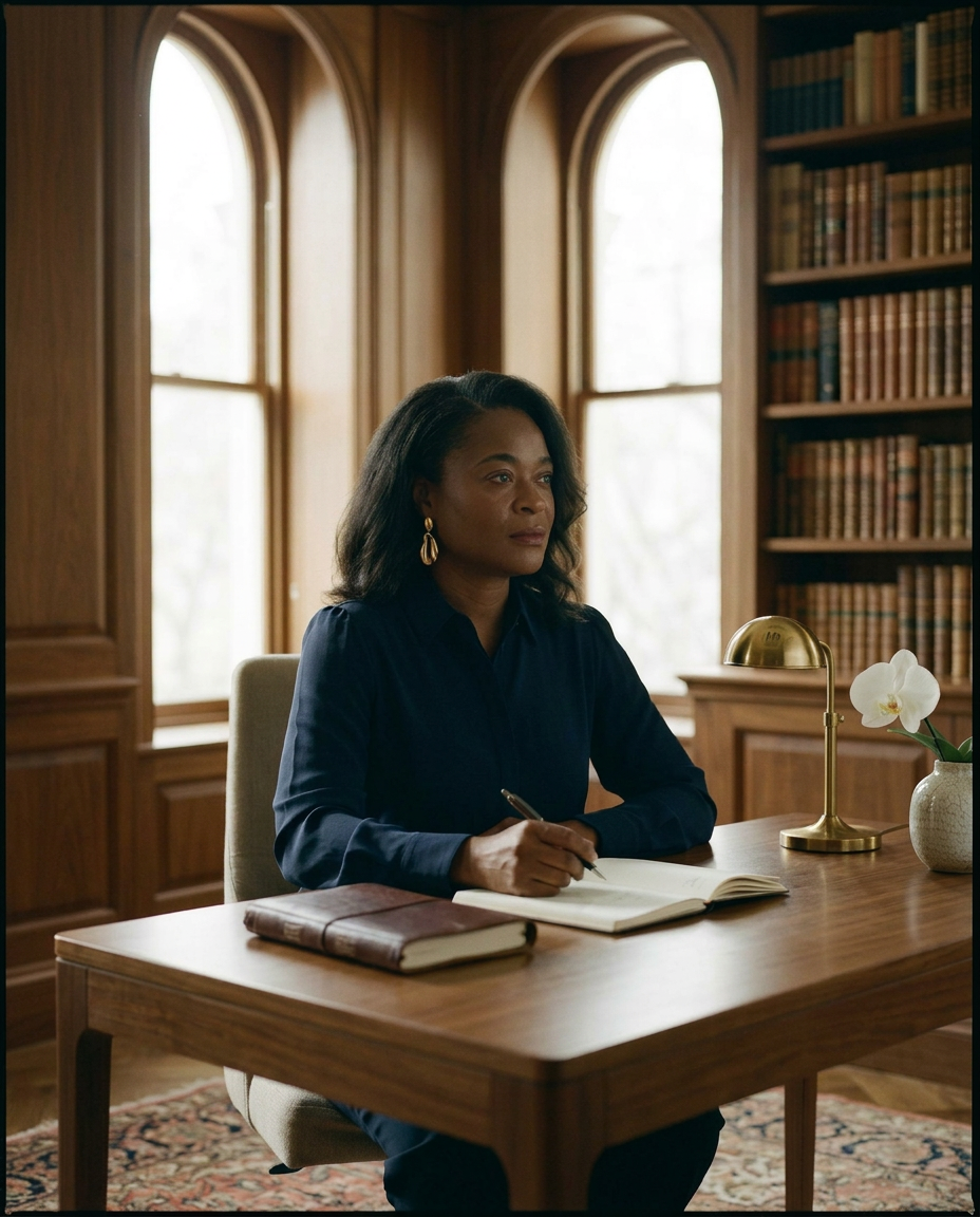 Editorial portrait of Irene Agunbiade at her writing desk, founder of Value Unfiltered